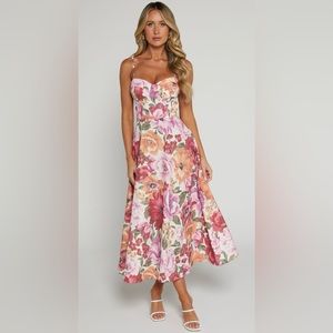 NWT Showpo. ROBERTSON MIDI DRESS STRAPPY SWEETHEART BUSTIER FLARE DRESS FLORAL